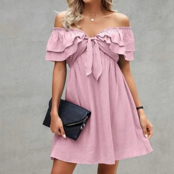 pink Layered Ruffle Off Shoulder  Knot Front Dress - Picture 1 of 5